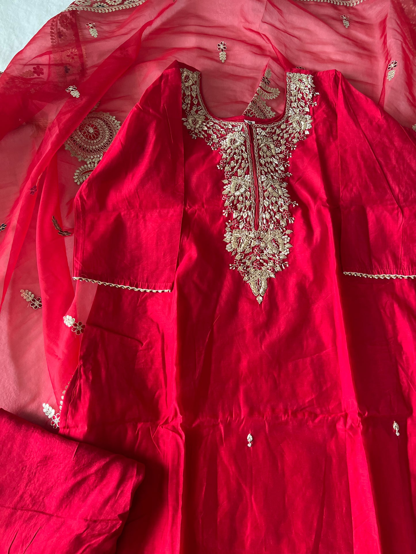 Beautiful designer wear heavy handwork red kurti set with organza dupatta