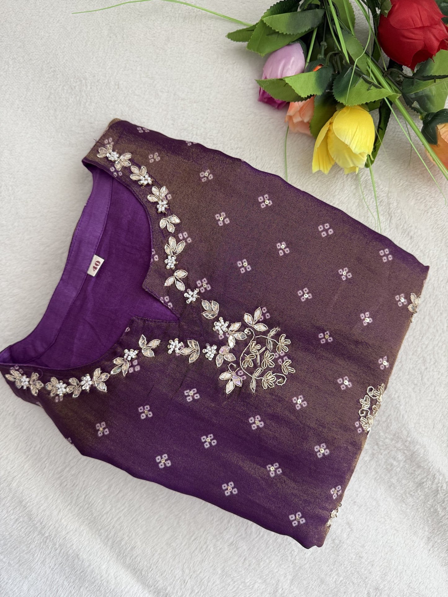 Purple tissue festive wear kurti set with organza dupatta