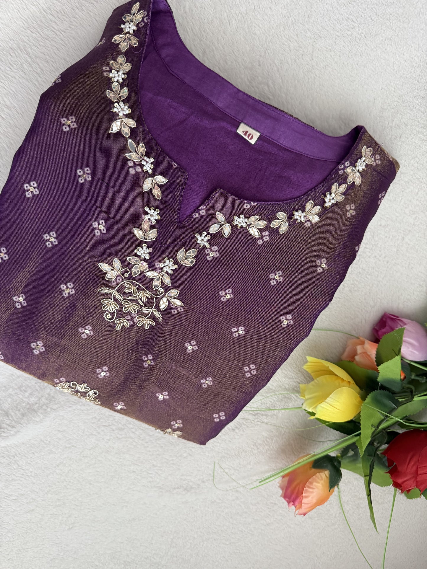 Purple tissue festive wear kurti set with organza dupatta