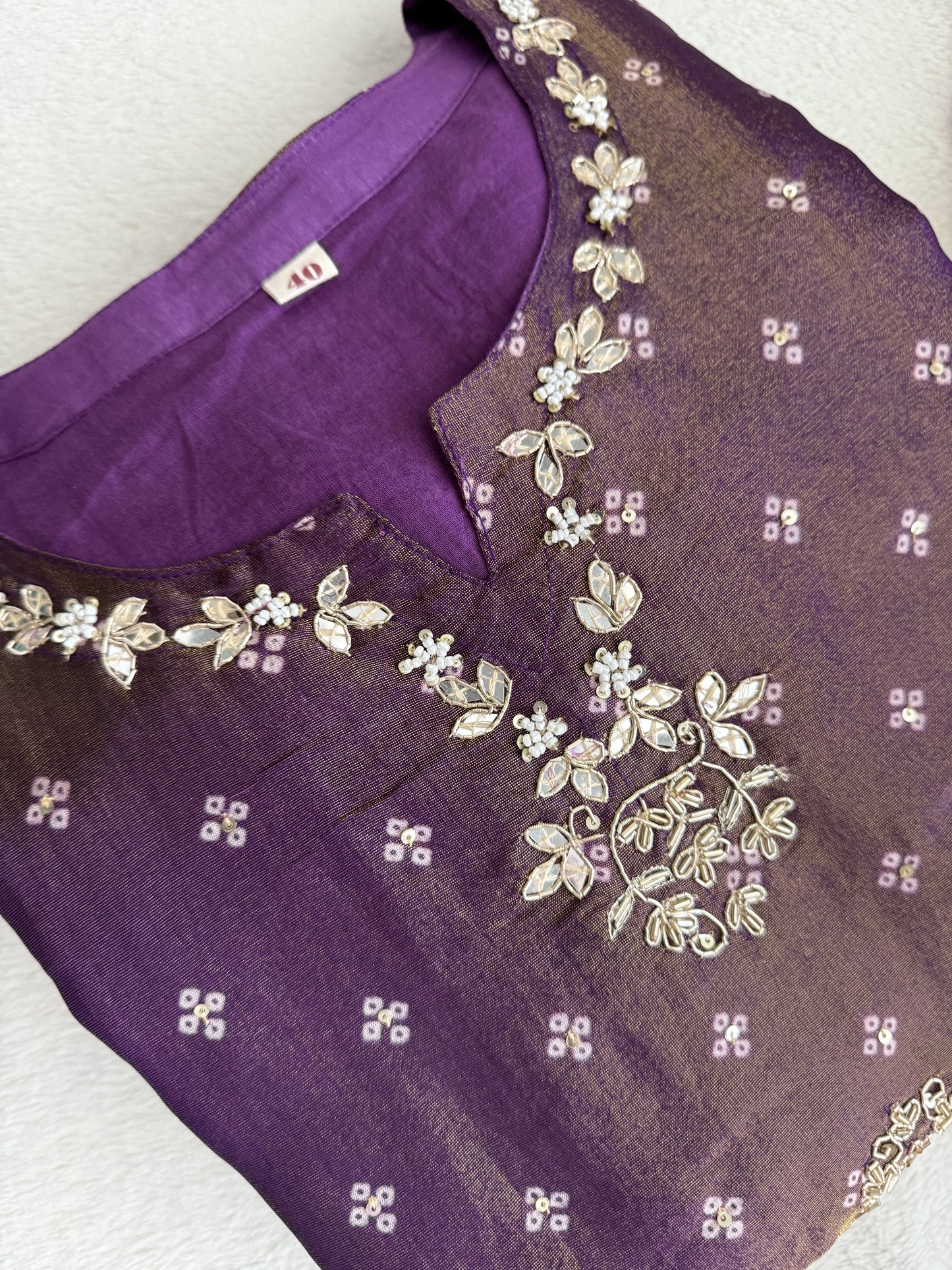 Purple tissue festive wear kurti set with organza dupatta