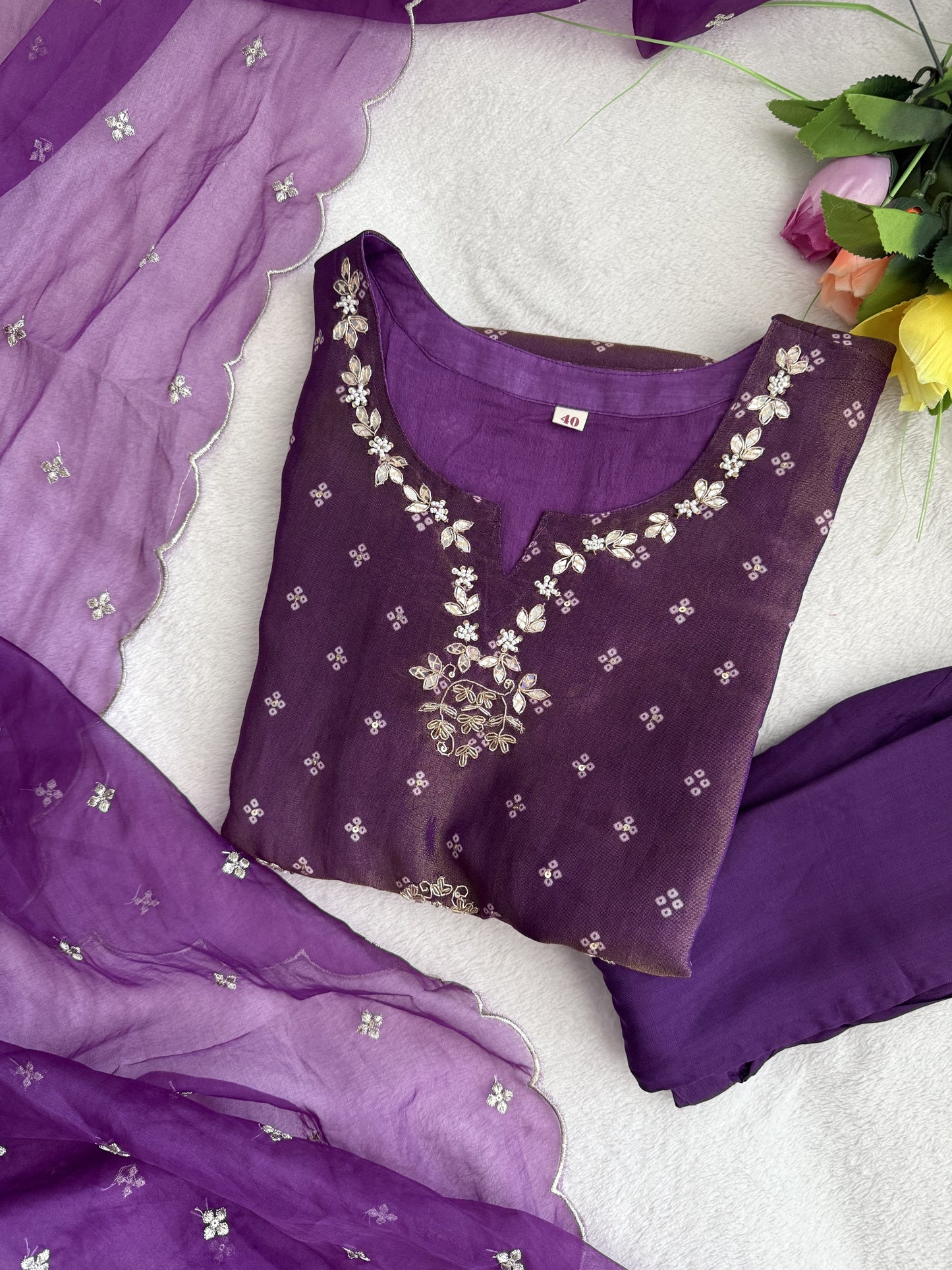 Purple tissue festive wear kurti set with organza dupatta