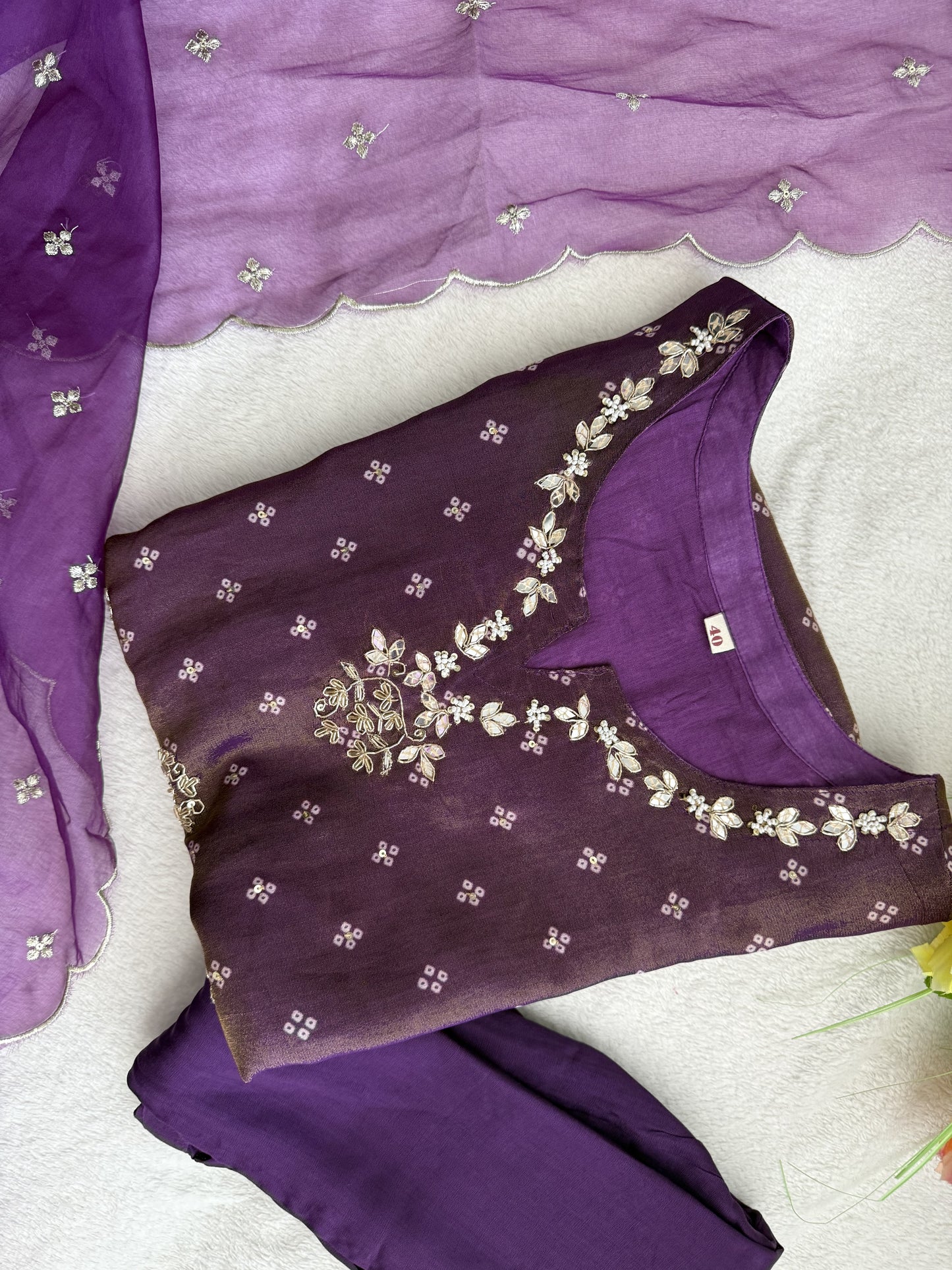 Purple tissue festive wear kurti set with organza dupatta