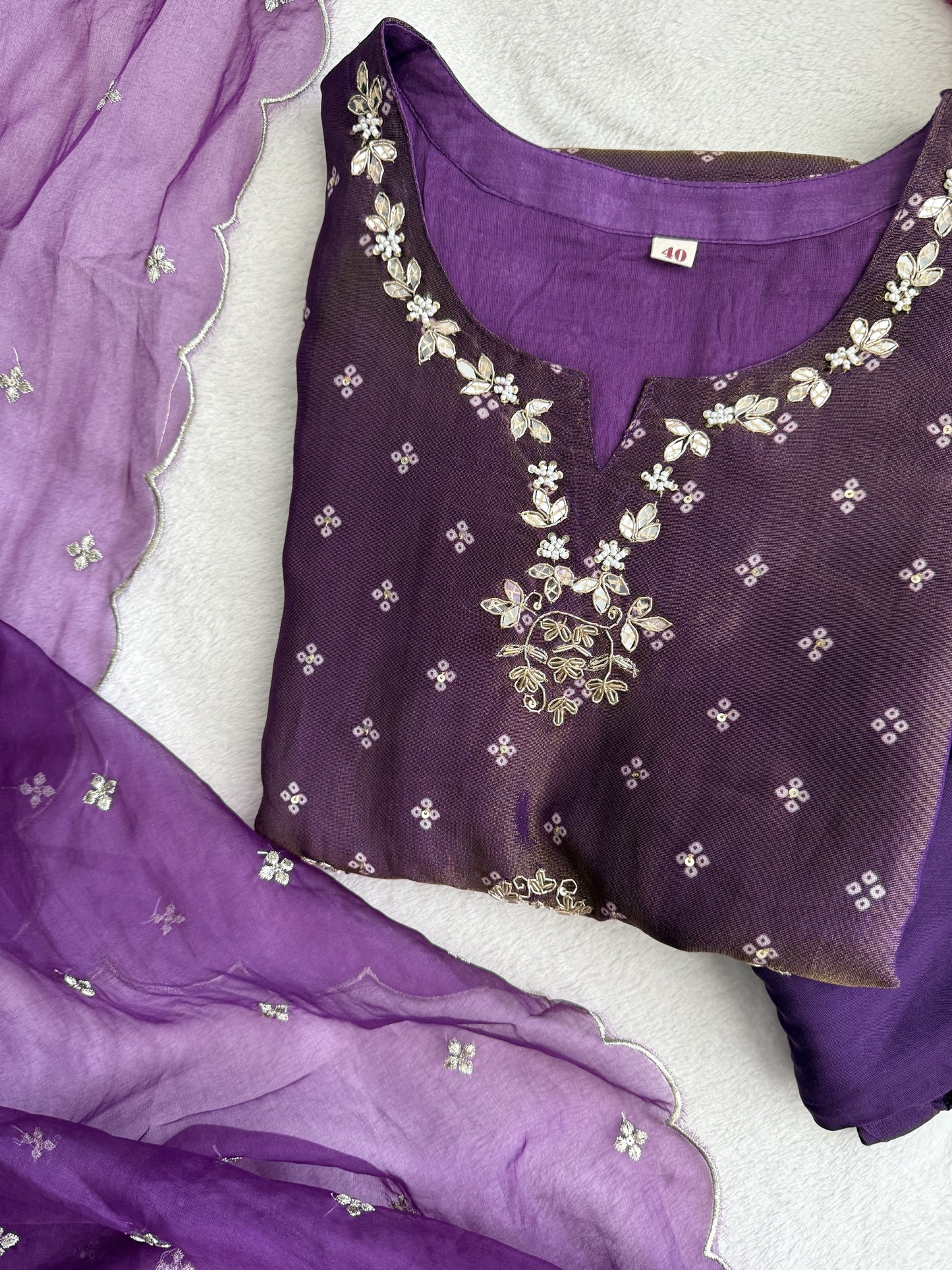 Purple tissue festive wear kurti set with organza dupatta