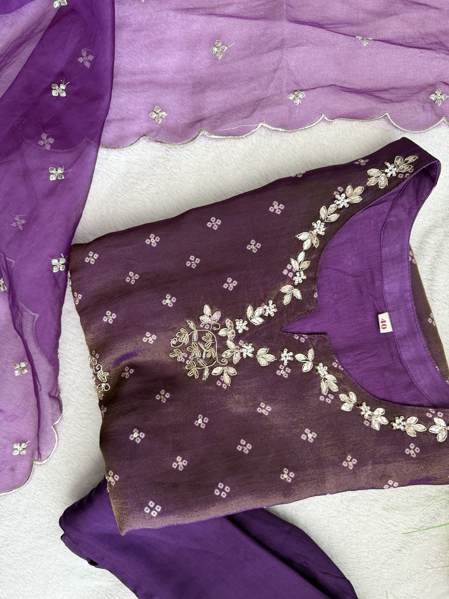 Purple tissue festive wear kurti set with organza dupatta