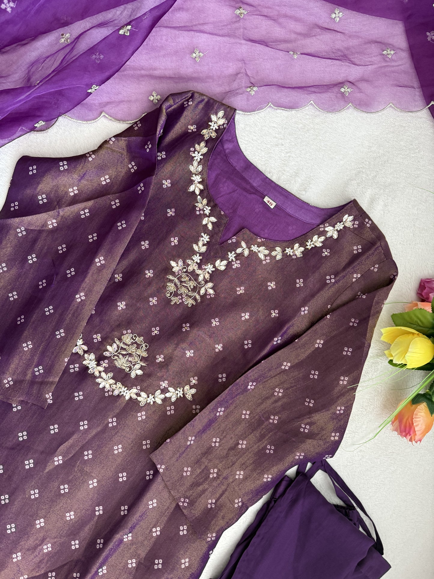 Purple tissue festive wear kurti set with organza dupatta