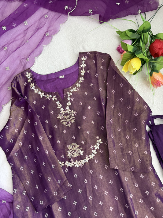 Purple tissue festive wear kurti set with organza dupatta