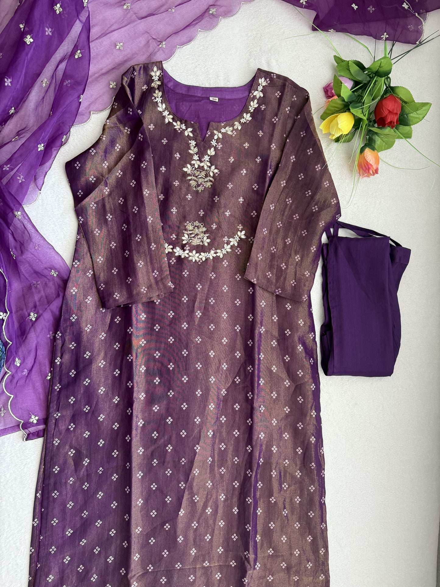 Purple tissue festive wear kurti set with organza dupatta