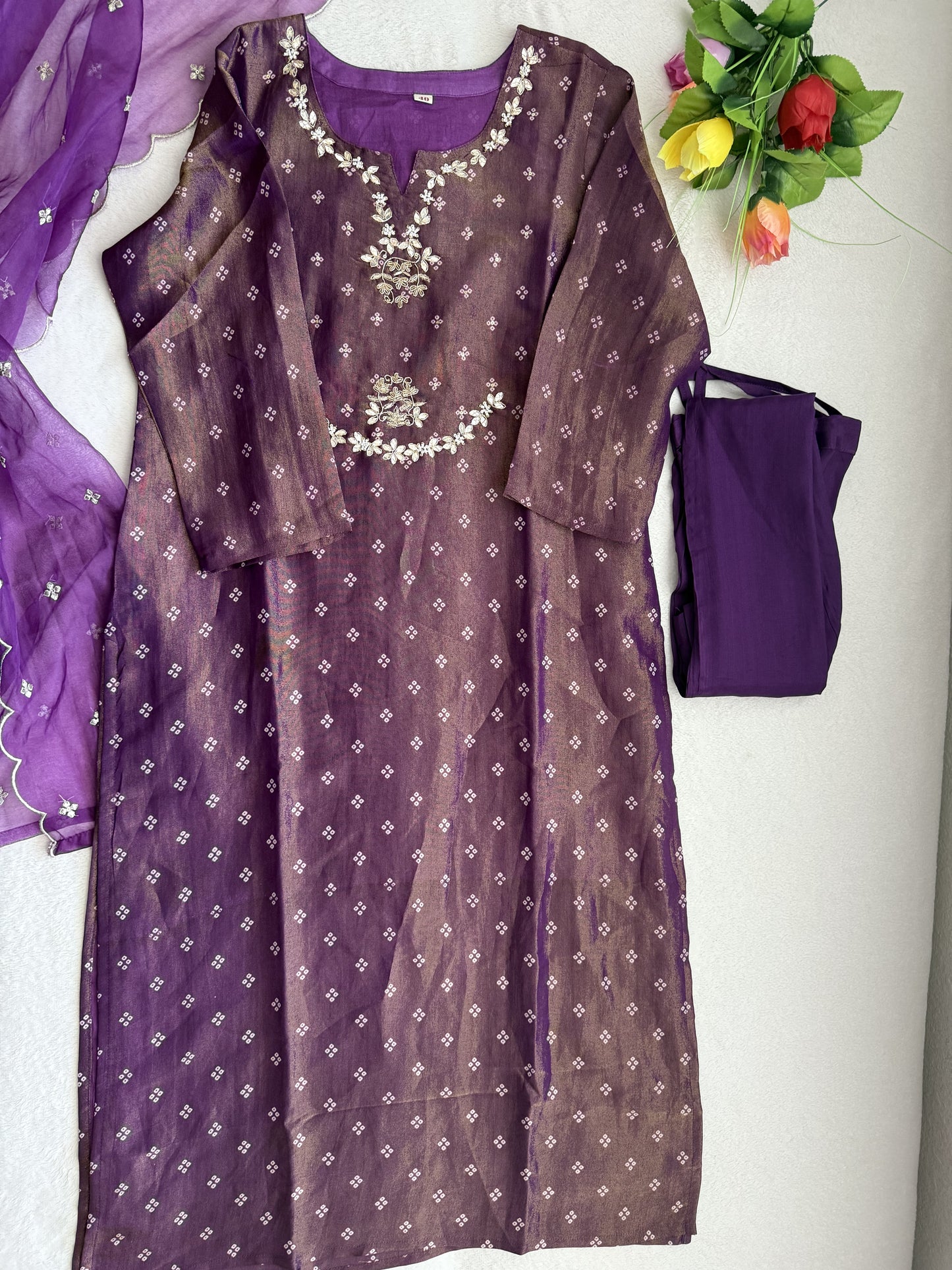Purple tissue festive wear kurti set with organza dupatta