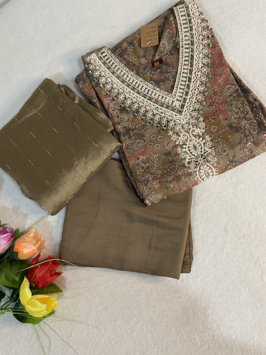 Brown rayon kurti set with sequin dupatta