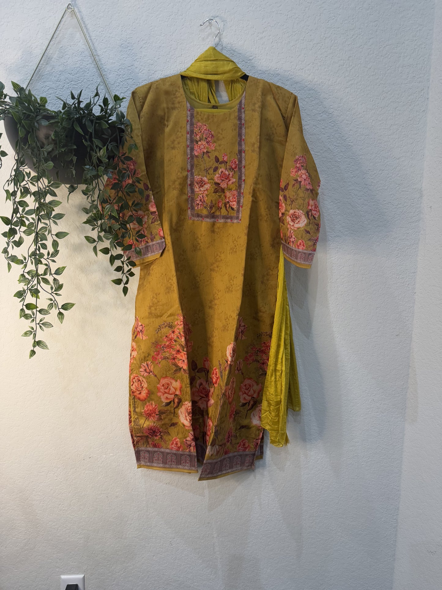 Yellow mustard muslin kurti set with floral design and chiffon duppatta