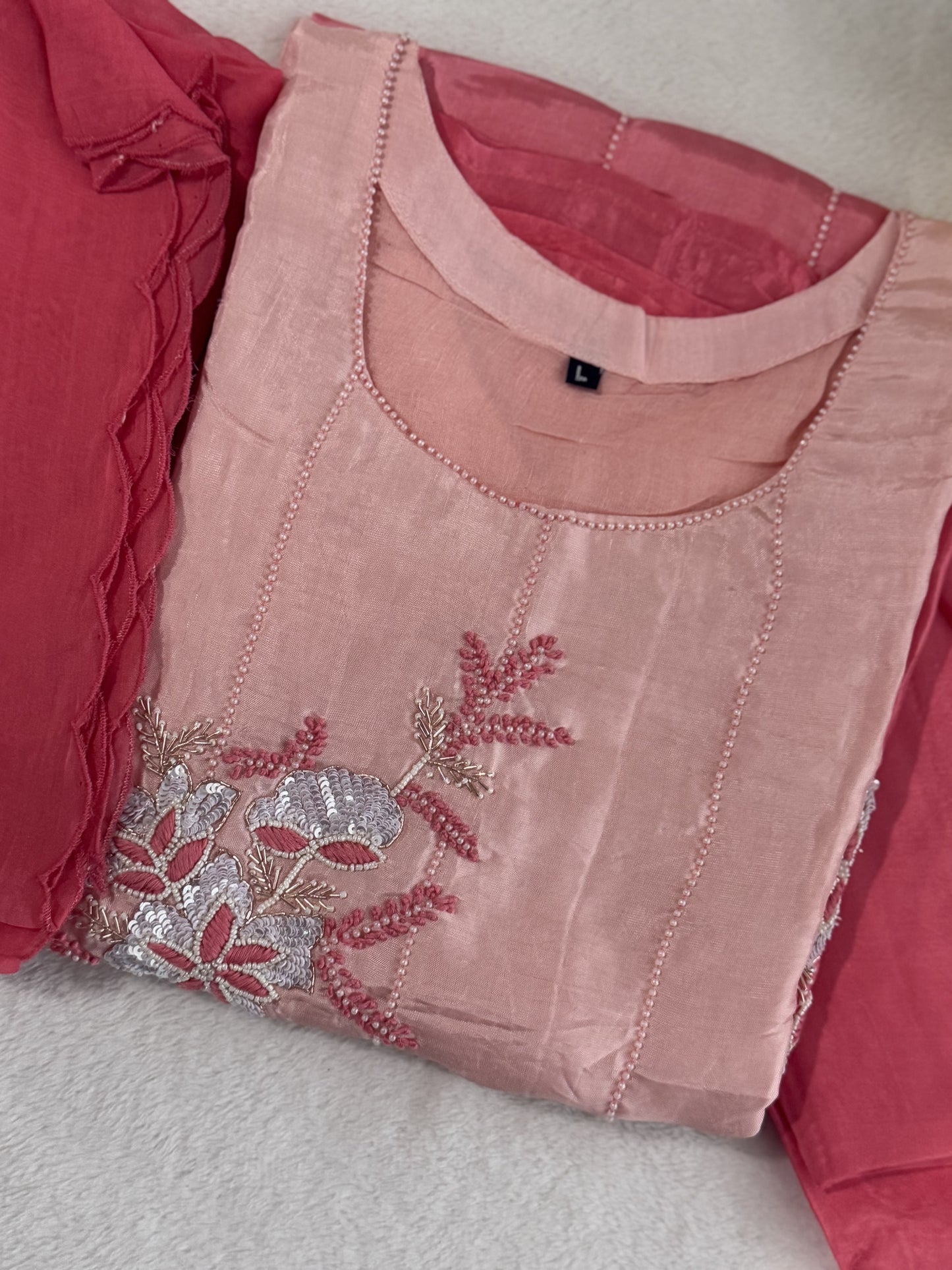 Peach and coral dual shade dola silk designer handwork kurti set