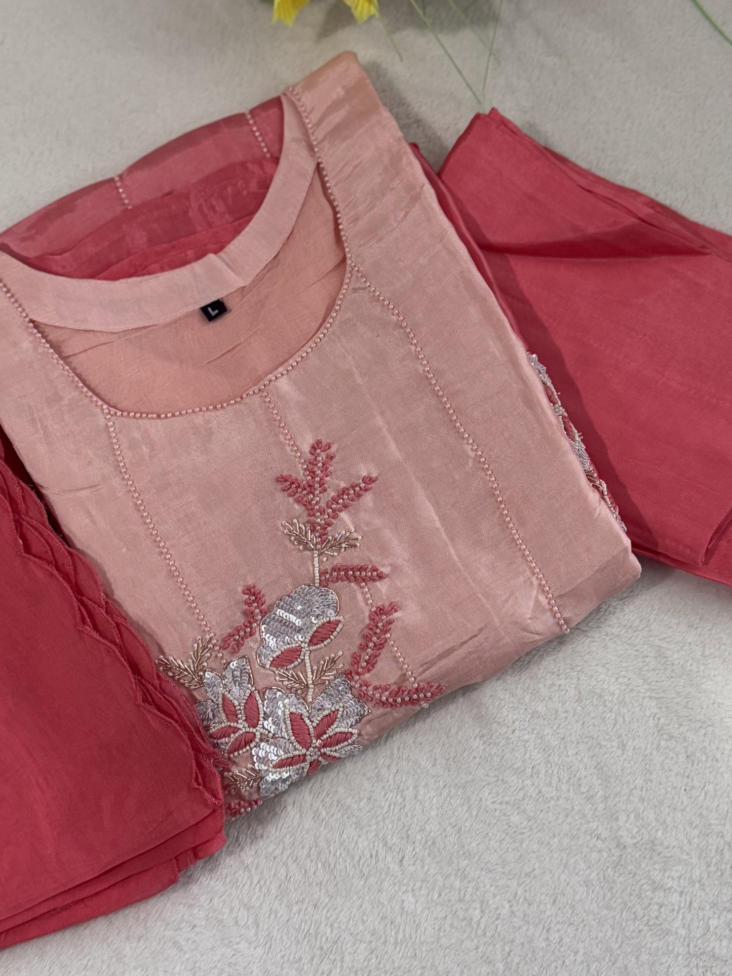 Peach and coral dual shade dola silk designer handwork kurti set