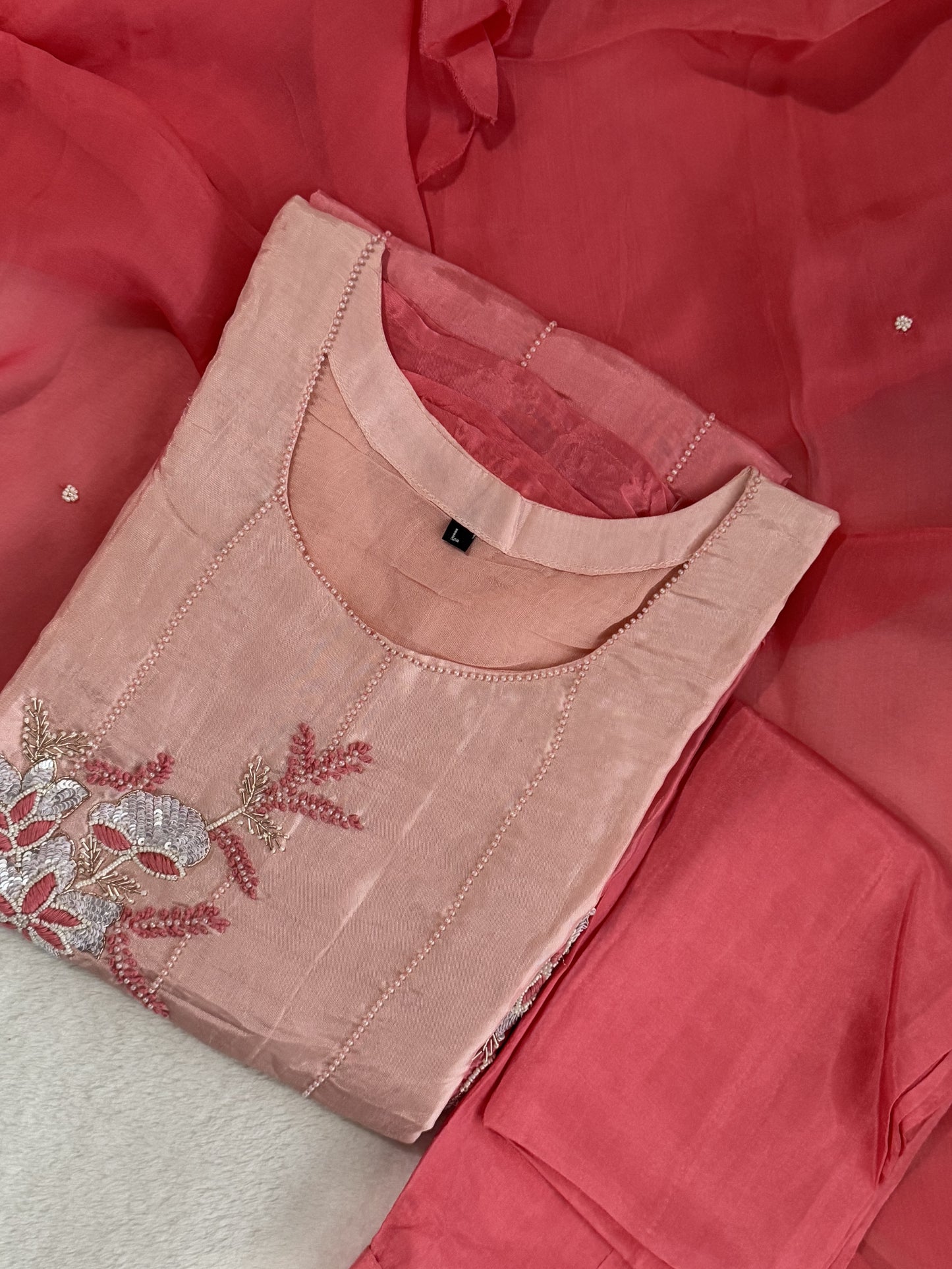 Peach and coral dual shade dola silk designer handwork kurti set