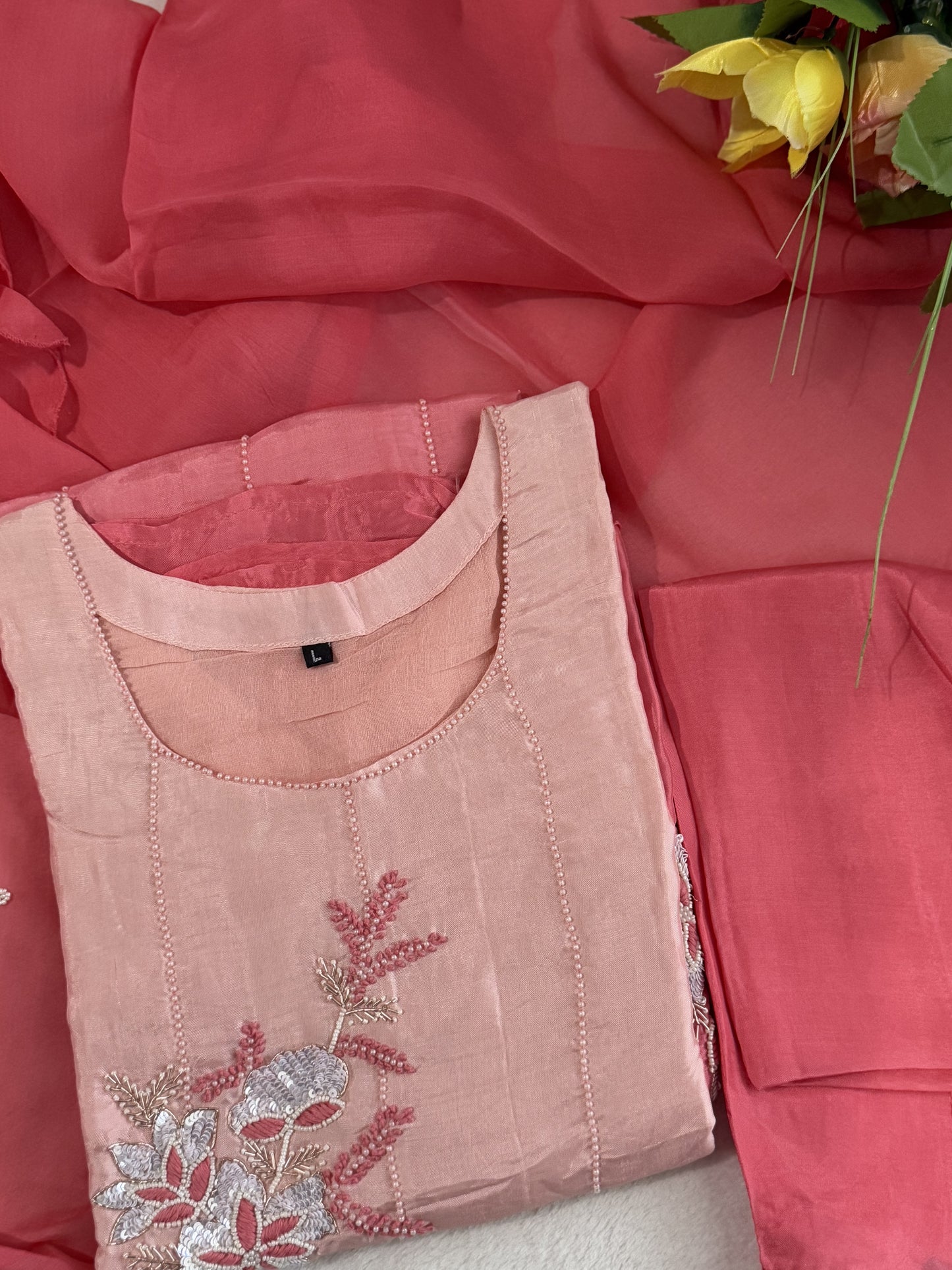 Peach and coral dual shade dola silk designer handwork kurti set