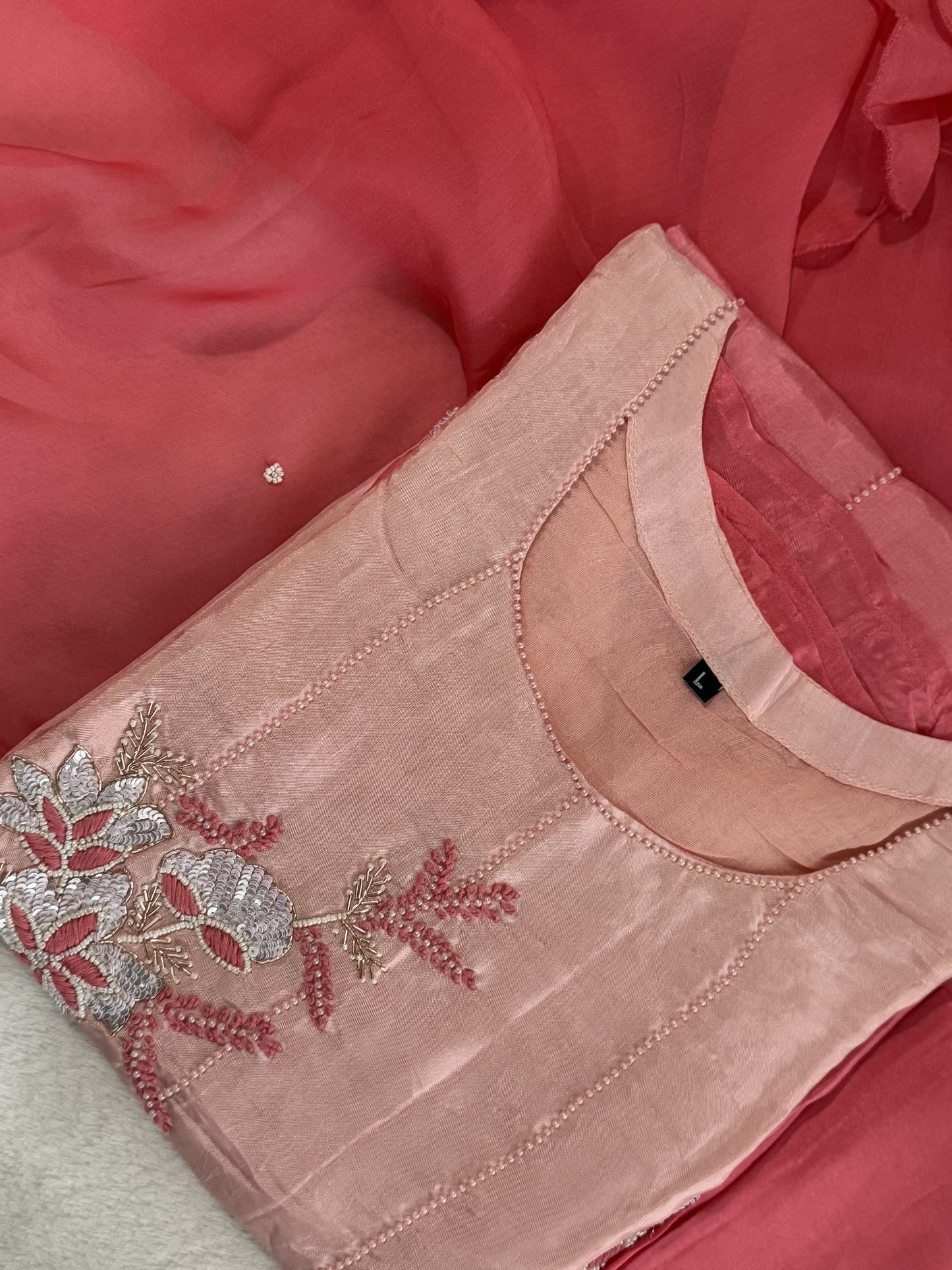 Peach and coral dual shade dola silk designer handwork kurti set