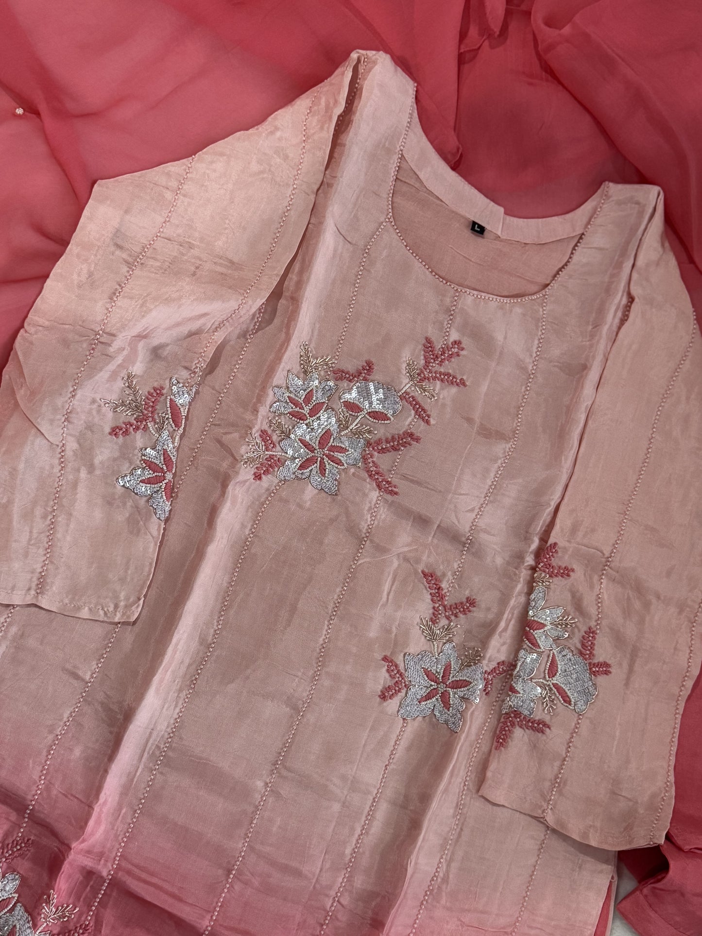 Peach and coral dual shade dola silk designer handwork kurti set