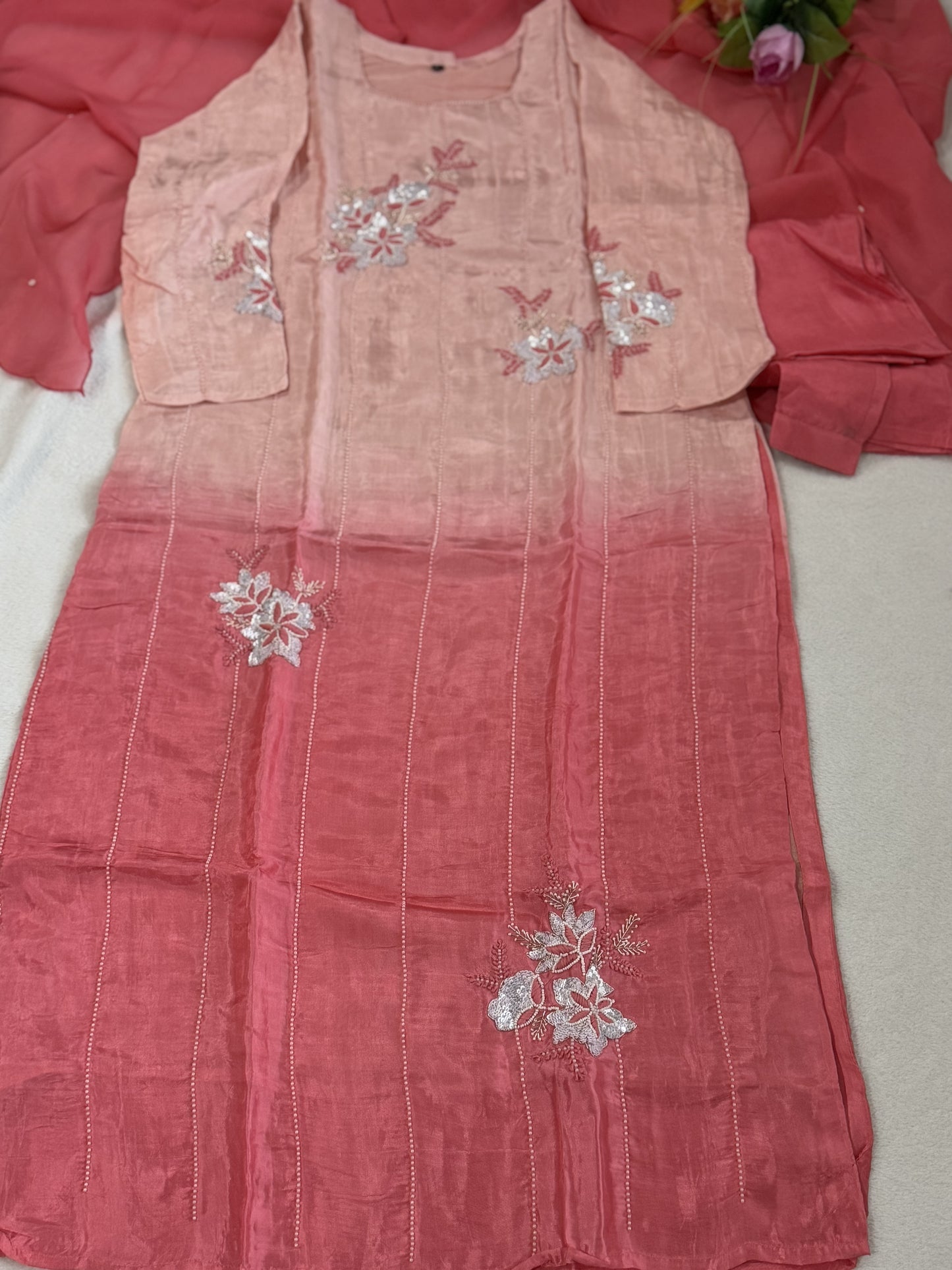 Peach and coral dual shade dola silk designer handwork kurti set