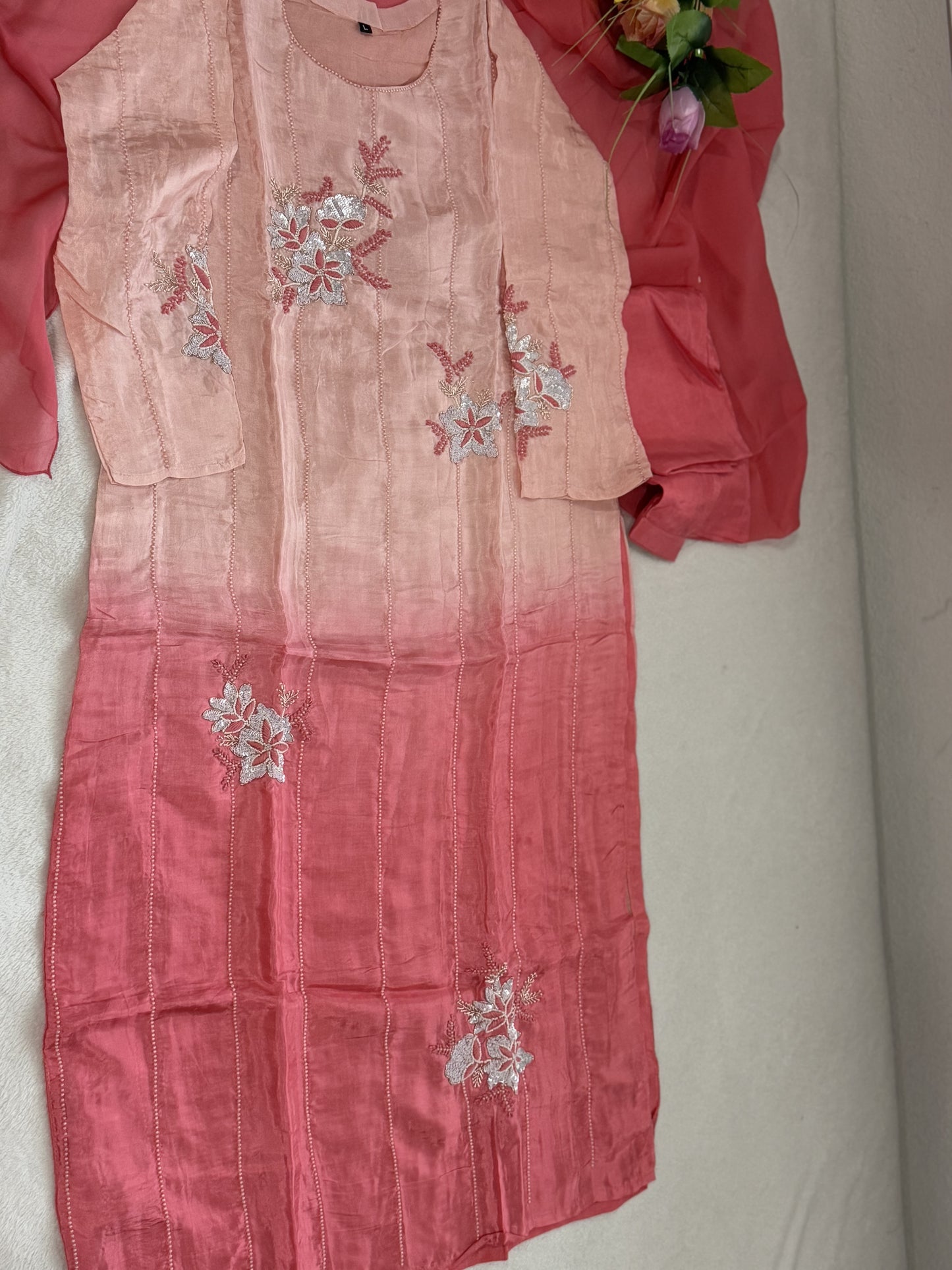 Peach and coral dual shade dola silk designer handwork kurti set