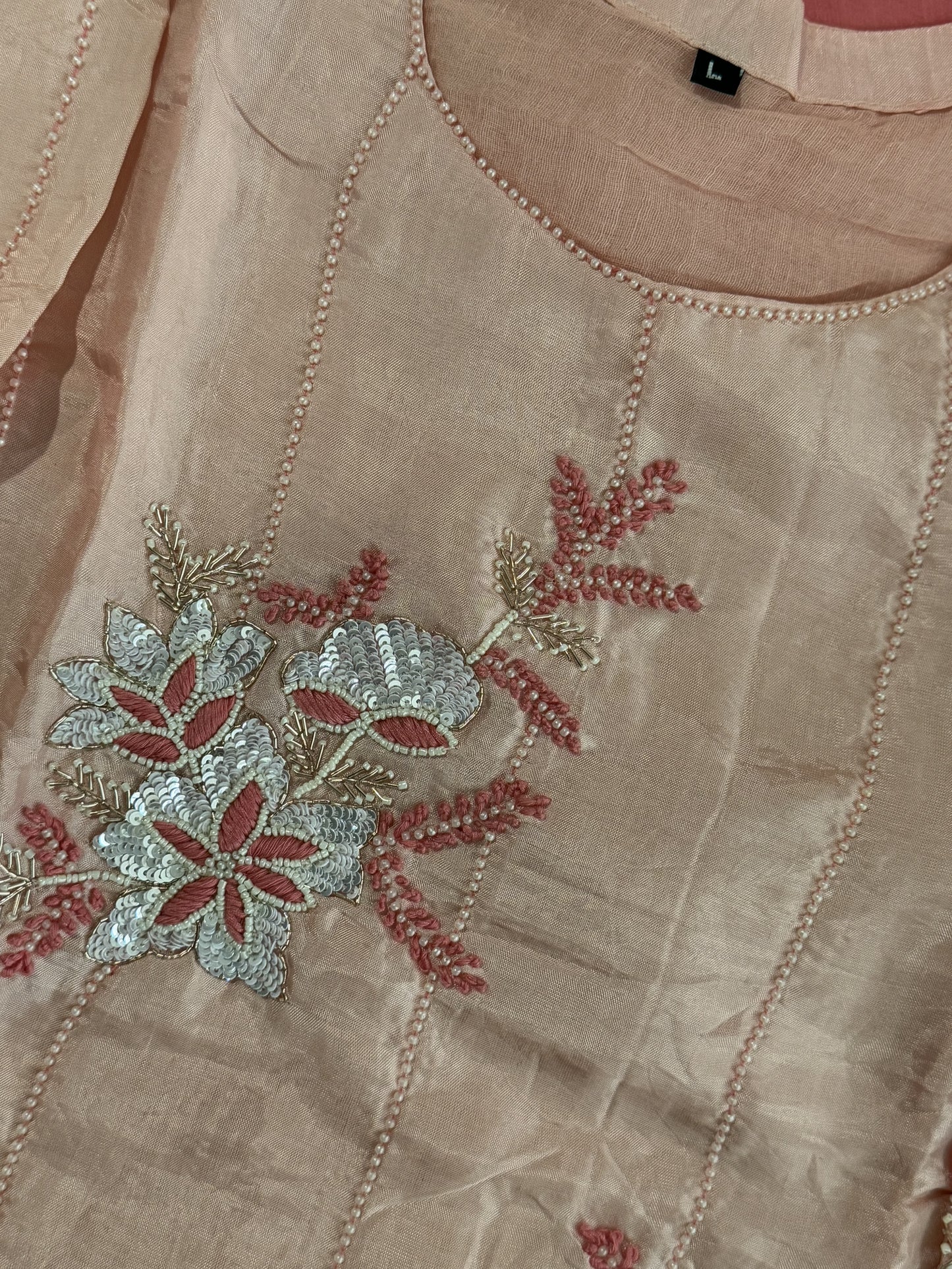 Peach and coral dual shade dola silk designer handwork kurti set