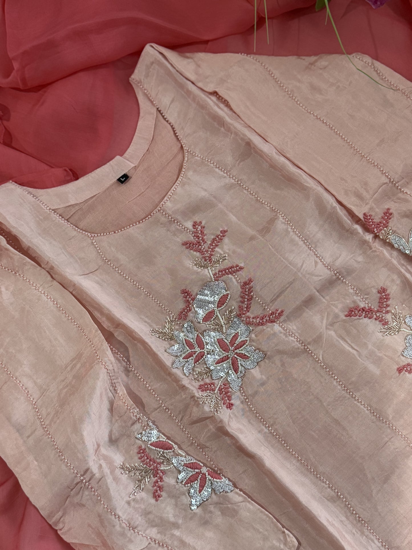 Peach and coral dual shade dola silk designer handwork kurti set