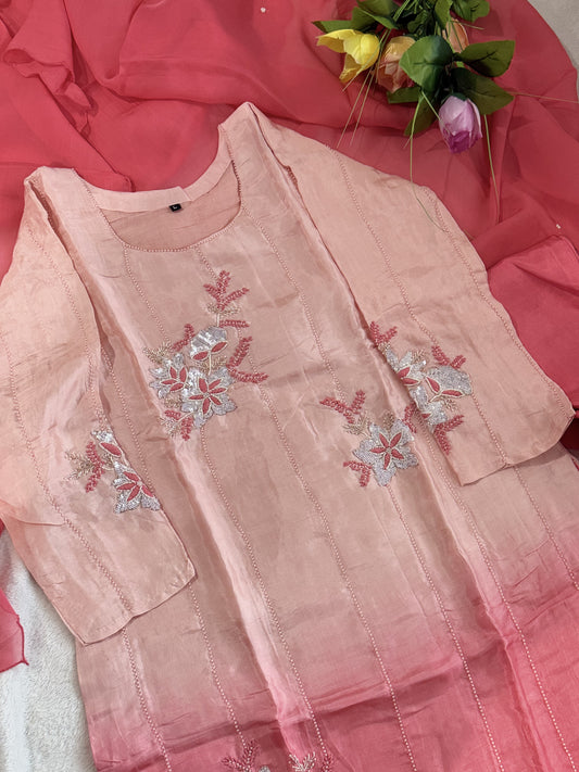 Peach and coral dual shade dola silk designer handwork kurti set
