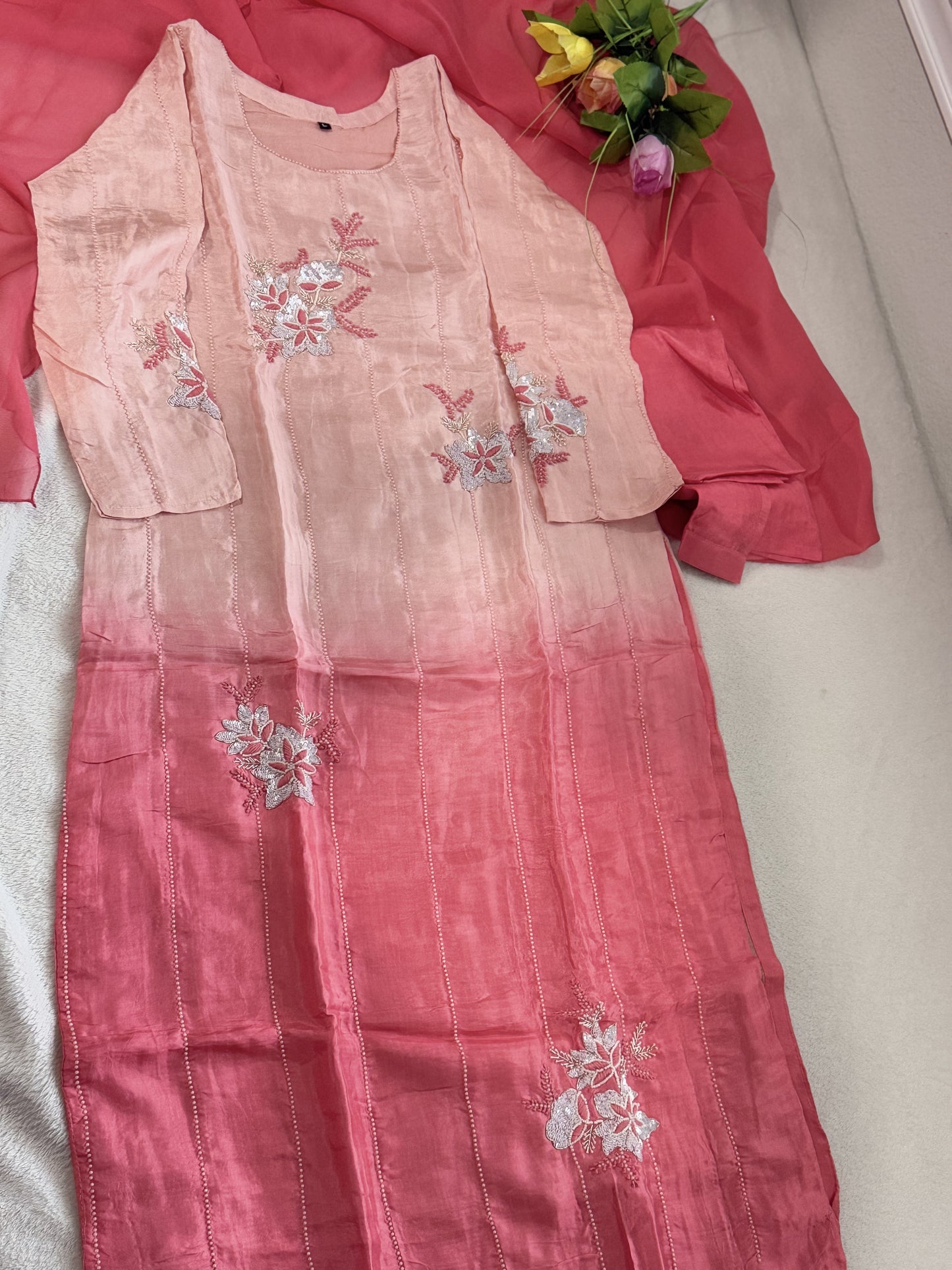 Peach and coral dual shade dola silk designer handwork kurti set