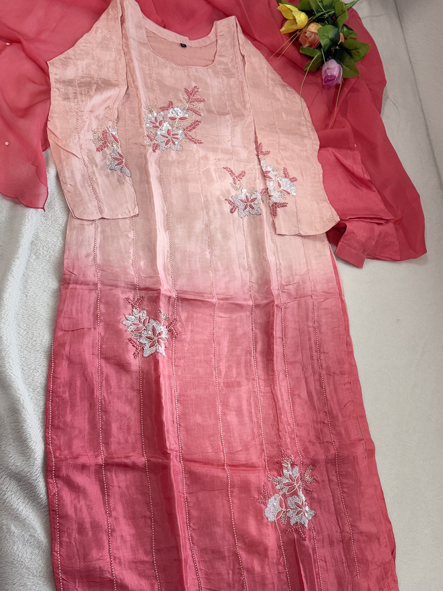 Peach and coral dual shade dola silk designer handwork kurti set