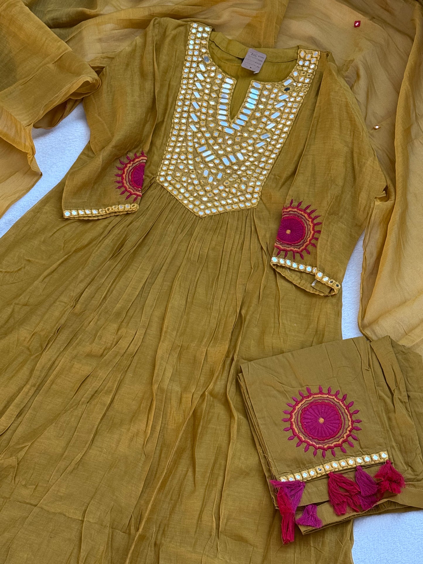 Pure Mul Chanderi Mirror Work Designer Kurti Set
