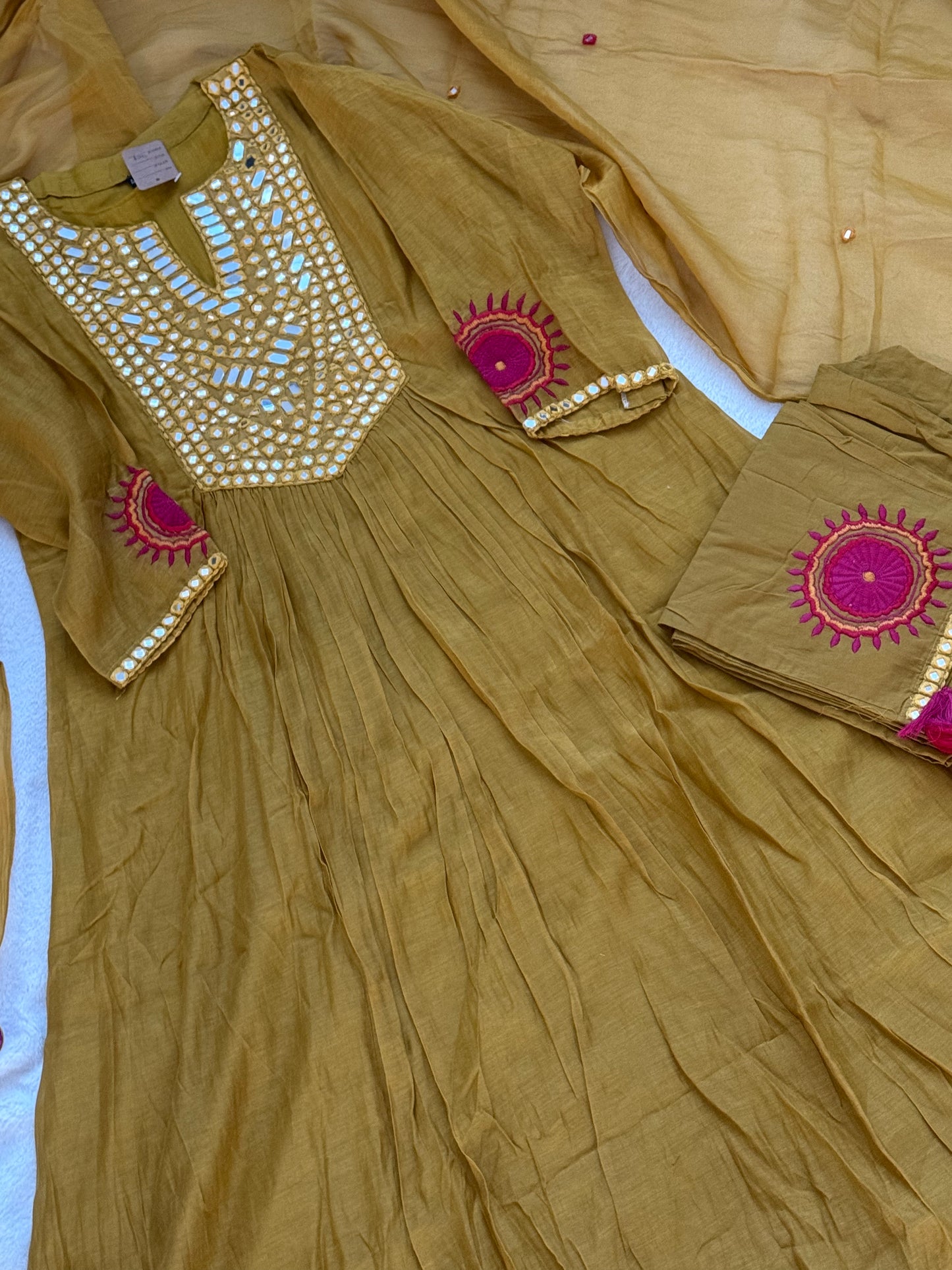 Pure Mul Chanderi Mirror Work Designer Kurti Set