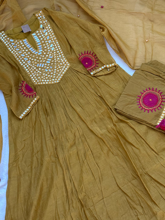 Pure Mul Chanderi Mirror Work Designer Kurti Set