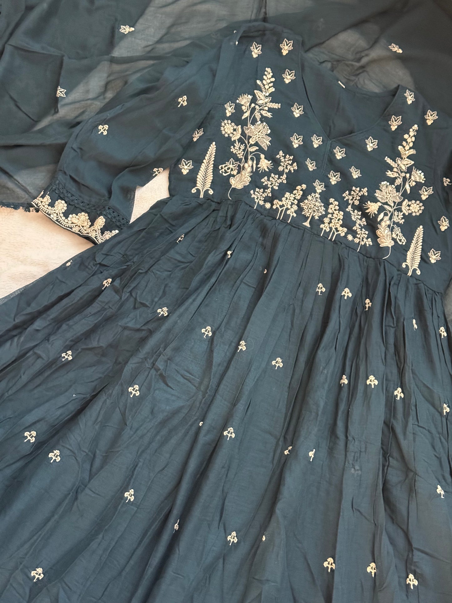 Peacock blue mul cotton anarkali with embroidery