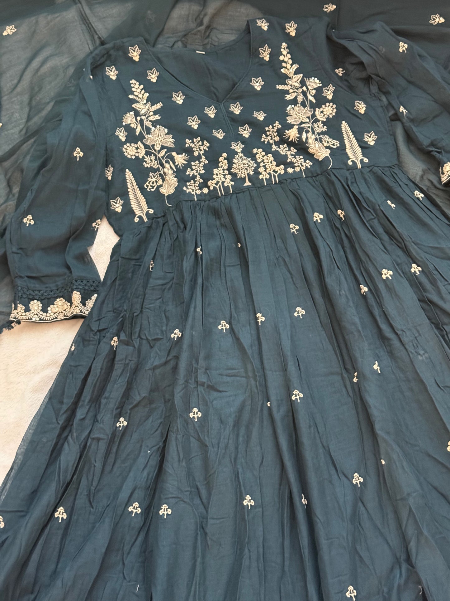 Peacock blue mul cotton anarkali with embroidery