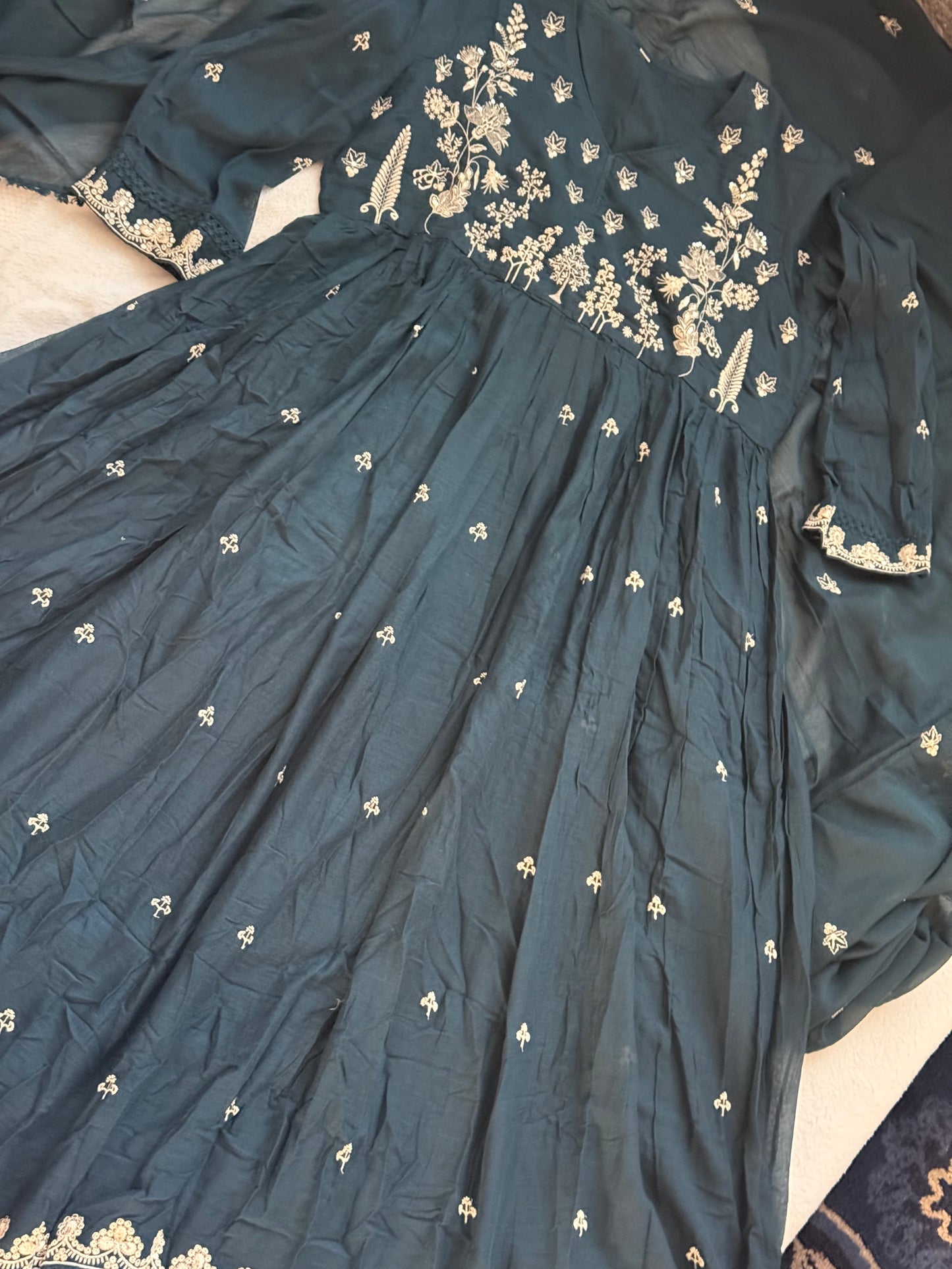 Peacock blue mul cotton anarkali with embroidery