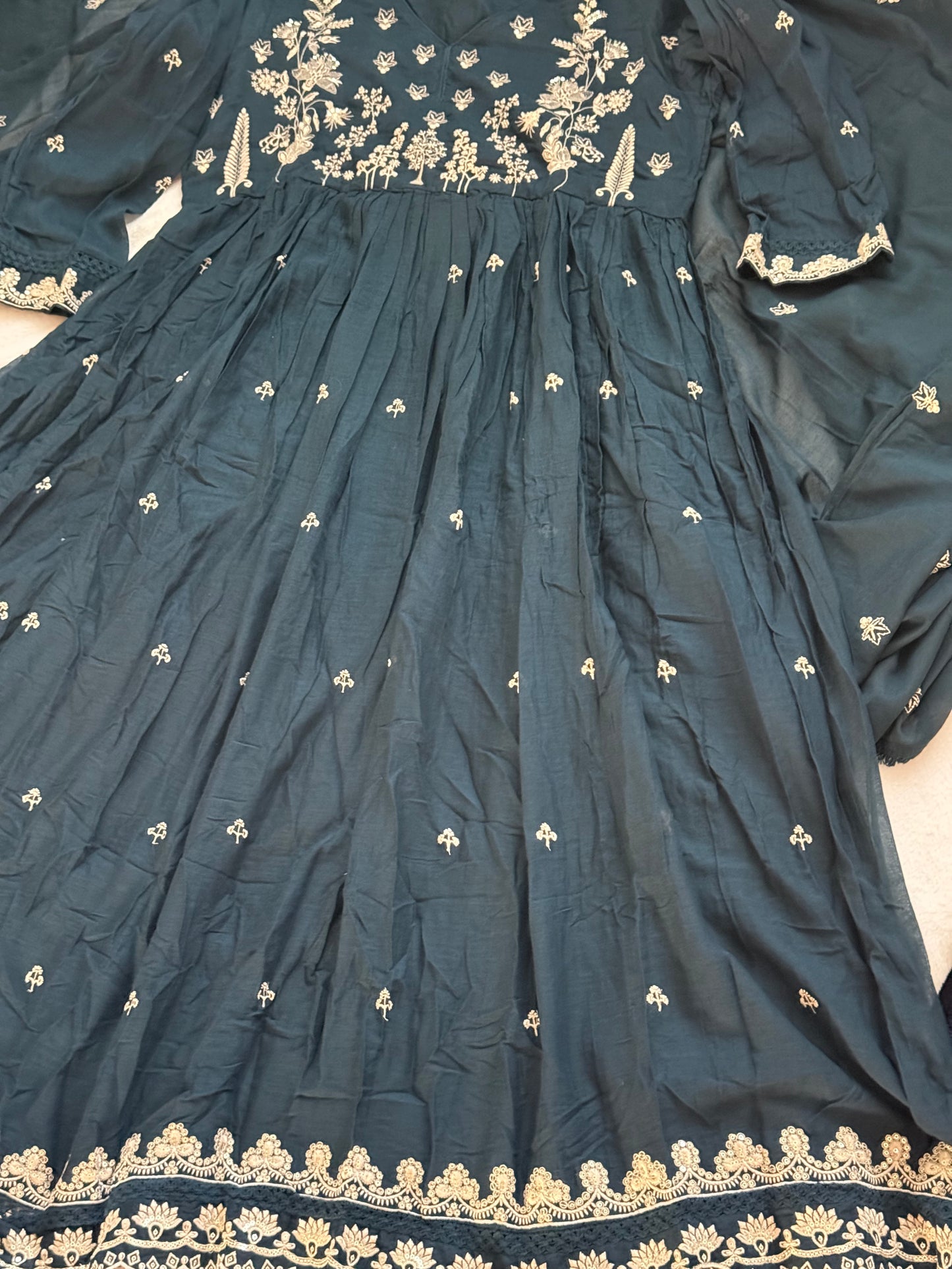 Peacock blue mul cotton anarkali with embroidery