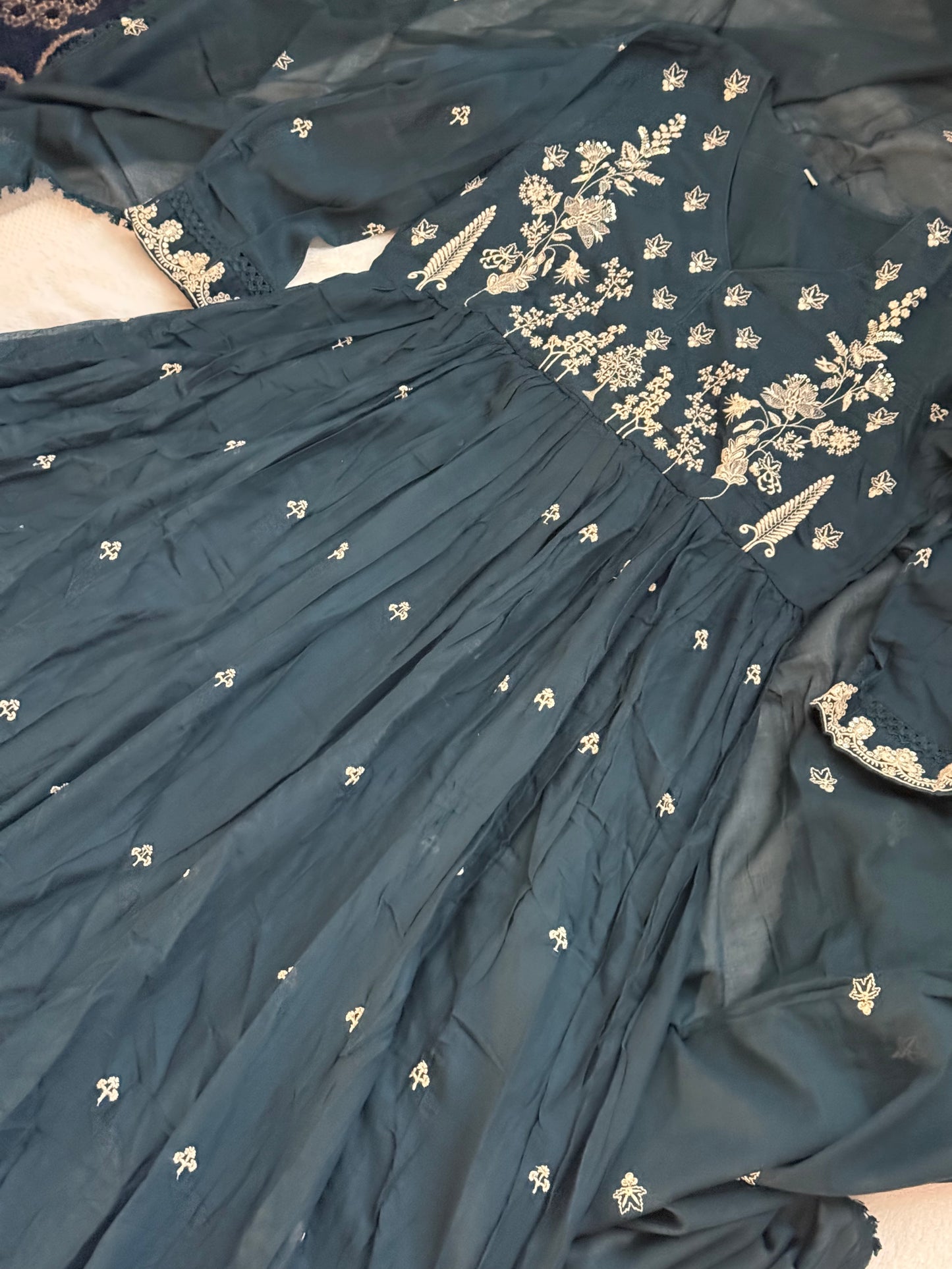 Peacock blue mul cotton anarkali with embroidery