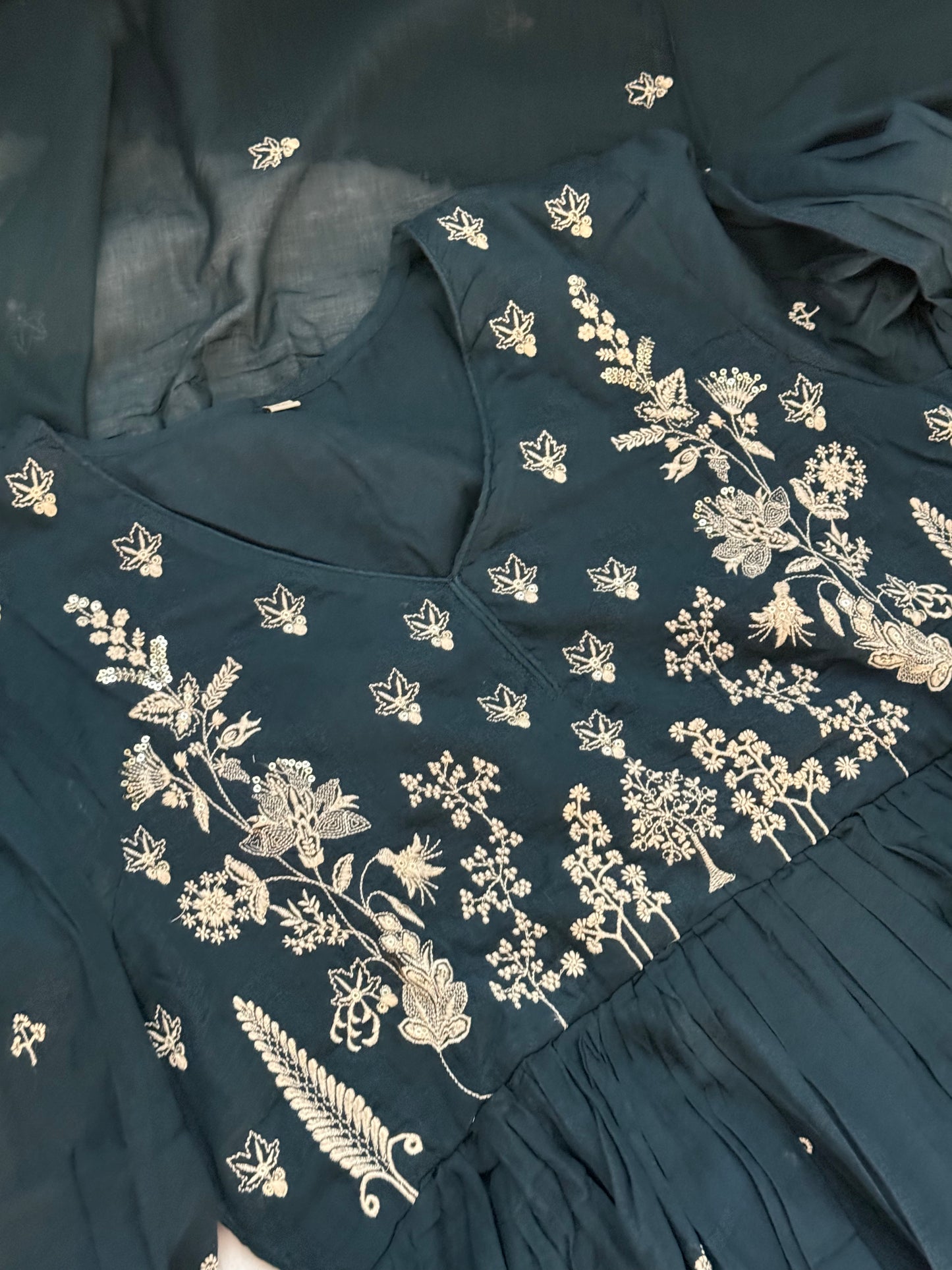 Peacock blue mul cotton anarkali with embroidery