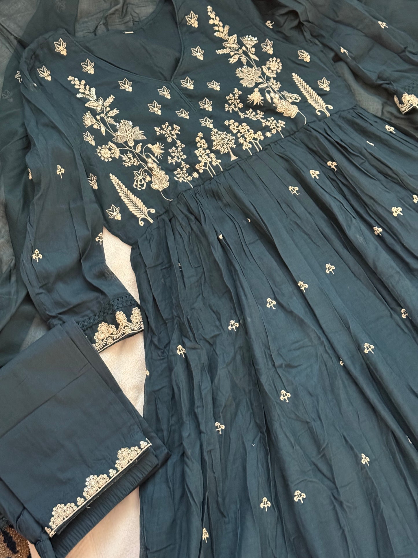 Peacock blue mul cotton anarkali with embroidery