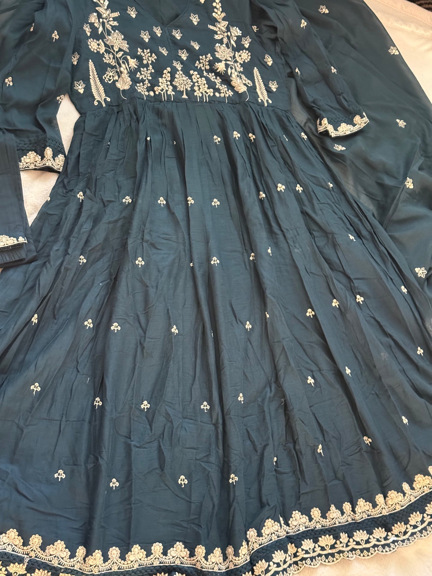 Peacock blue mul cotton anarkali with embroidery