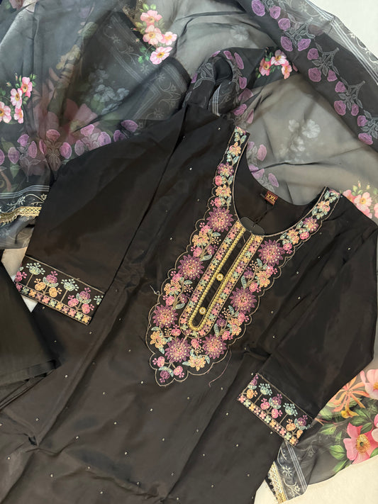 Black roman silk kurti set with floral organza dupatta