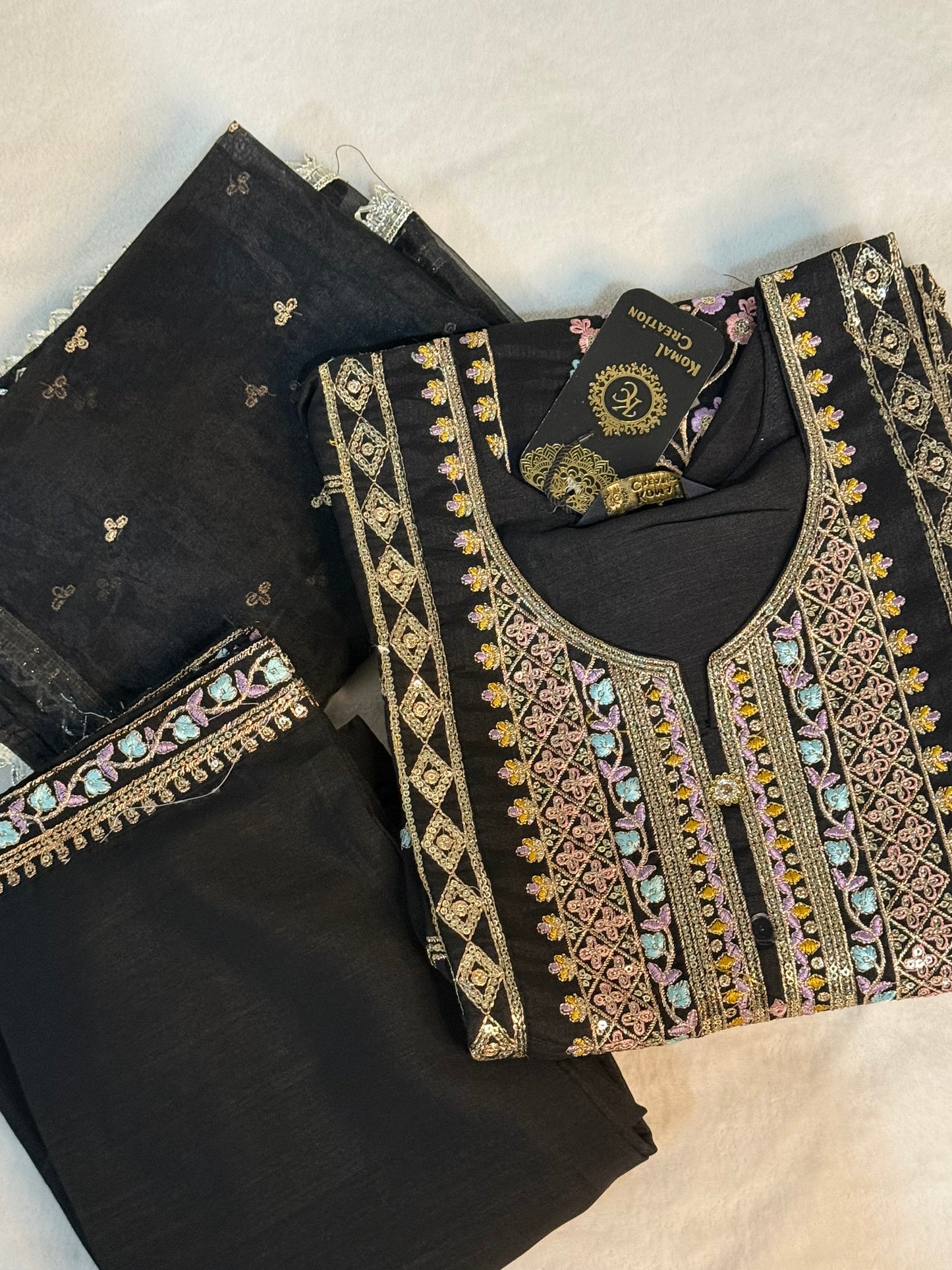 Black roman silk kurti set with organza butties dupatta