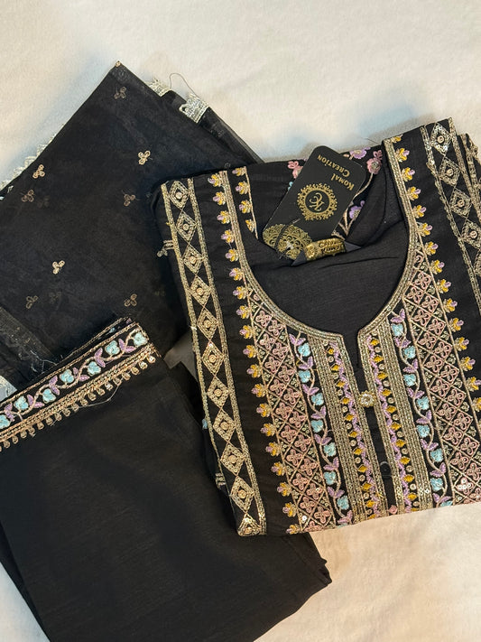 Black roman silk kurti set with organza butties dupatta