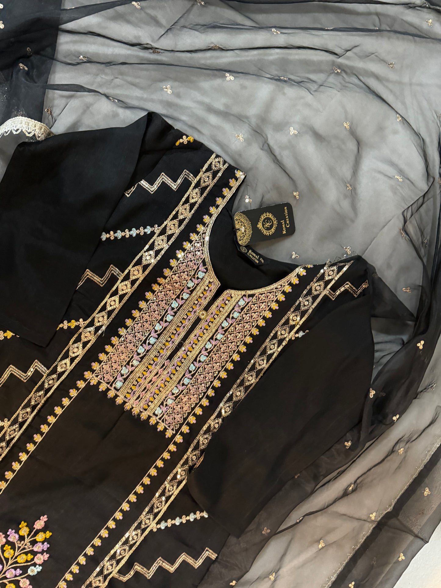 Black roman silk kurti set with organza butties dupatta