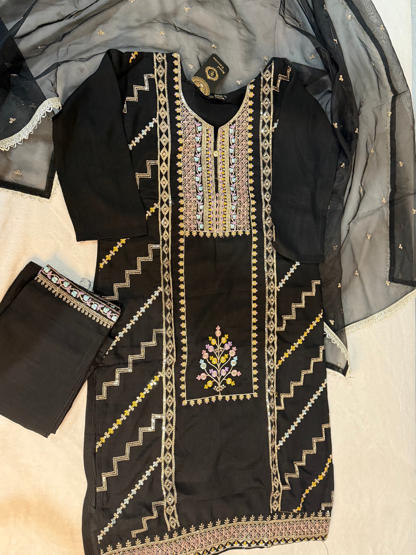 Black roman silk kurti set with organza butties dupatta