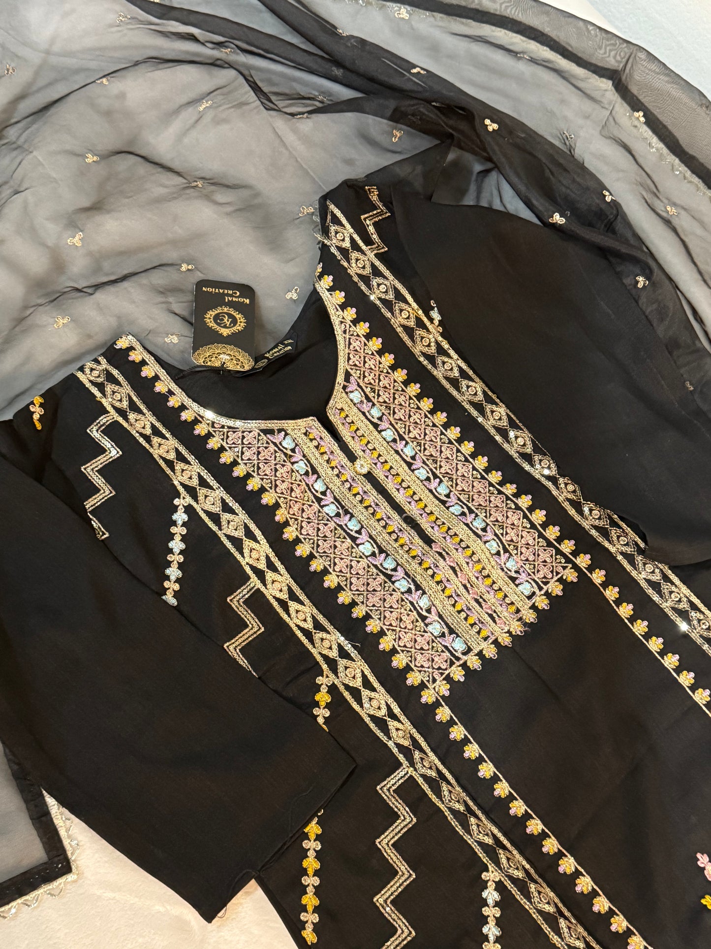 Black roman silk kurti set with organza butties dupatta