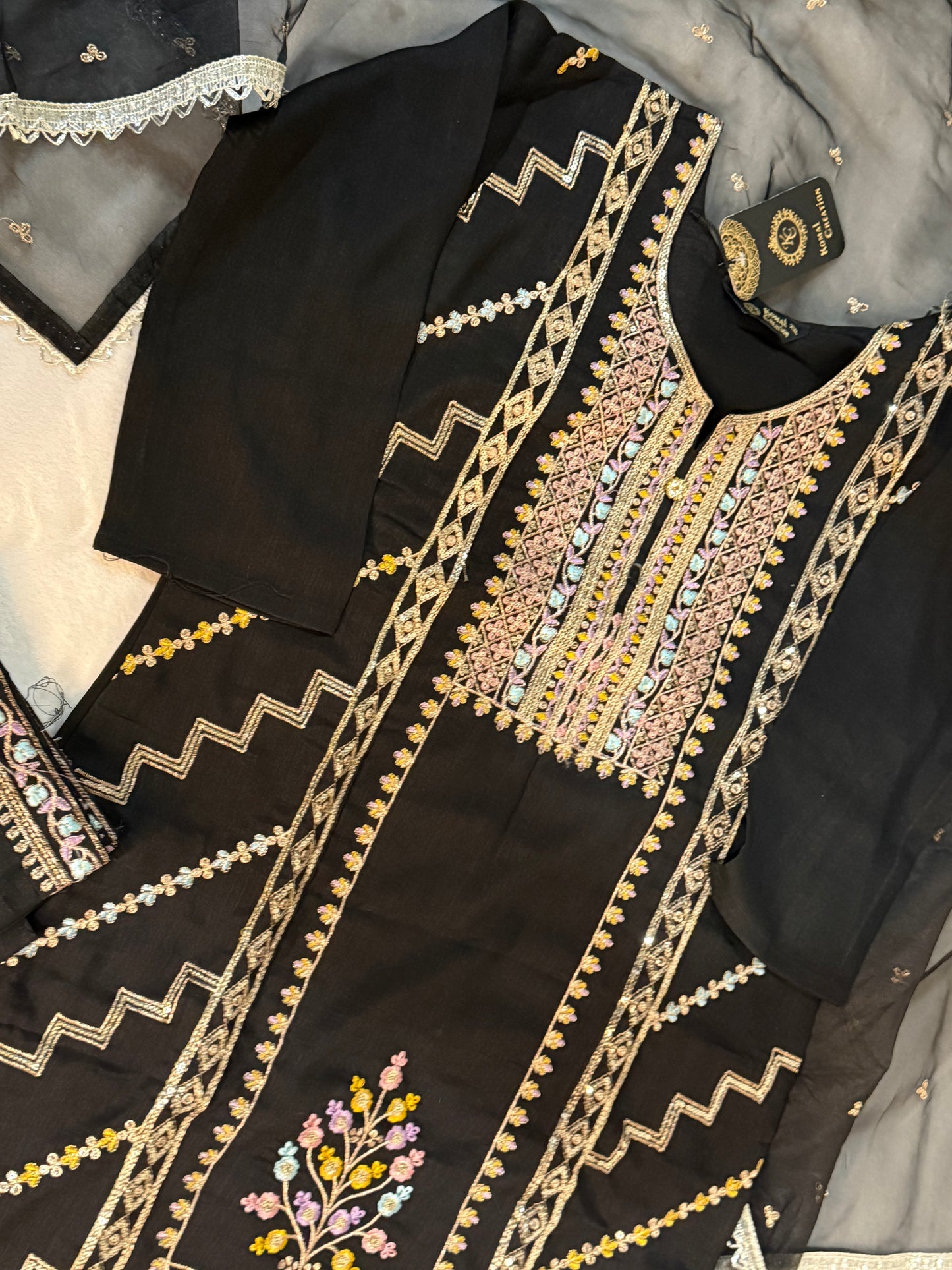 Black roman silk kurti set with organza butties dupatta