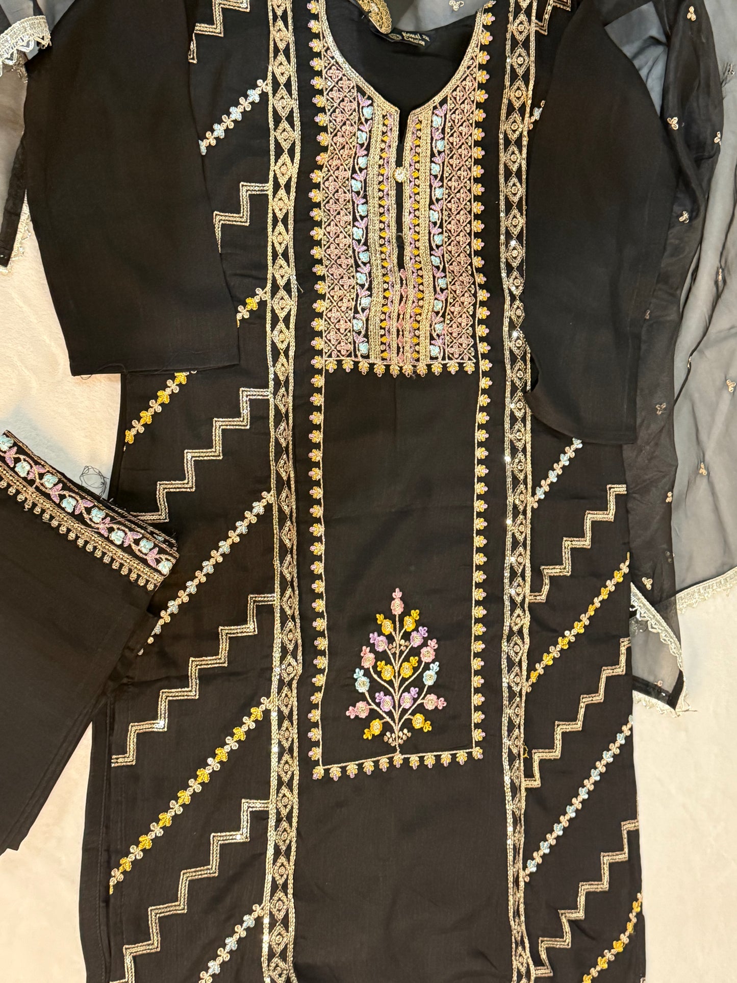 Black roman silk kurti set with organza butties dupatta