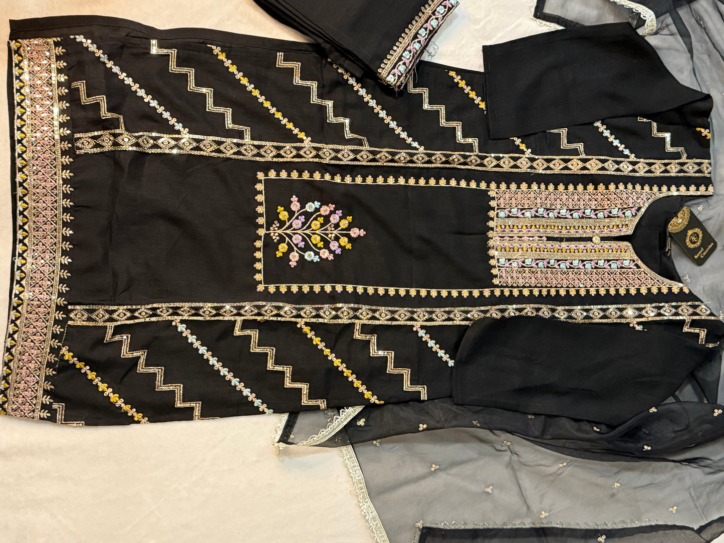 Black roman silk kurti set with organza butties dupatta