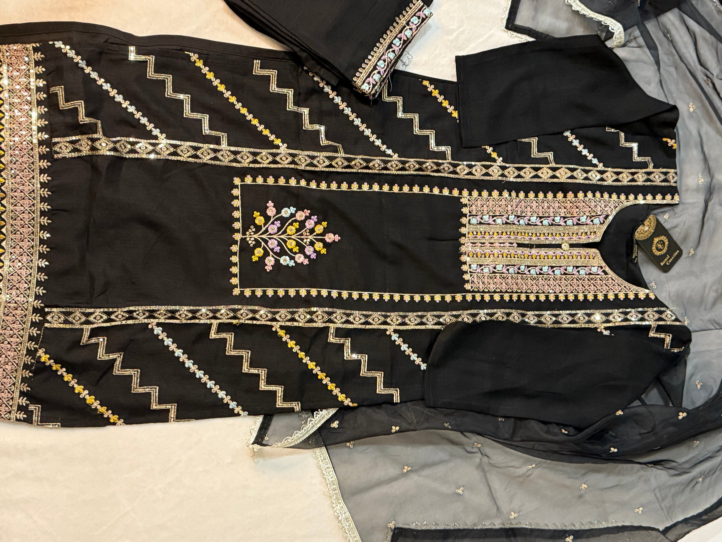 Black roman silk kurti set with organza butties dupatta