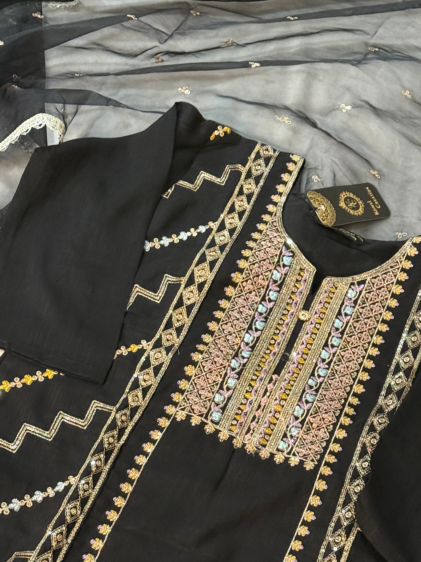 Black roman silk kurti set with organza butties dupatta