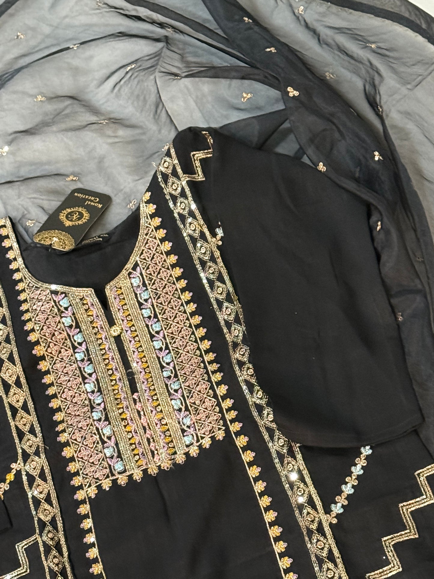 Black roman silk kurti set with organza butties dupatta